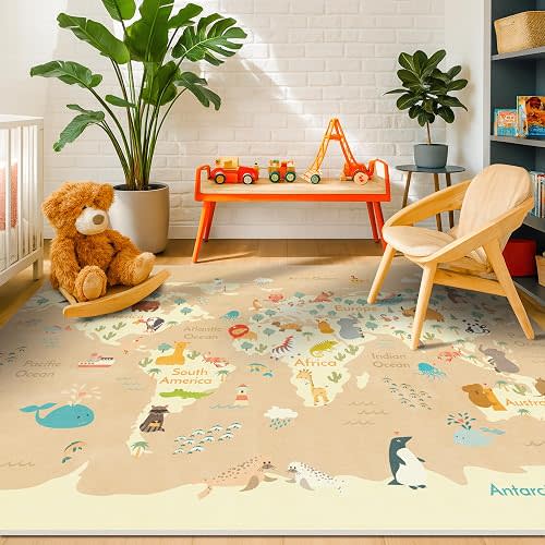 Hazo Haus Washable Kids Playroom Rug with Animal – 5x8 Educational World Map Area Rug with Kids Room – Non-Slip, Stain Resistant, Soft & Safe, Nursery, Classroom or Bedroom - Beige