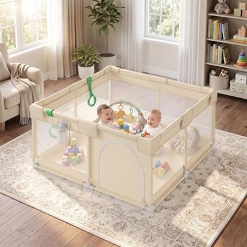 Baby Playpen, 47x47 Inch Play Pens for Babies and Toddlers, Beige