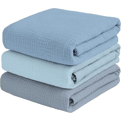Muslin Swaddle Blankets for Baby Boy - 3 Pack 47x47 Inch Large Receiving Blankets, Soft Breathable Cotton Nursery Swaddles for Newborn, Infant & Todler, Blue