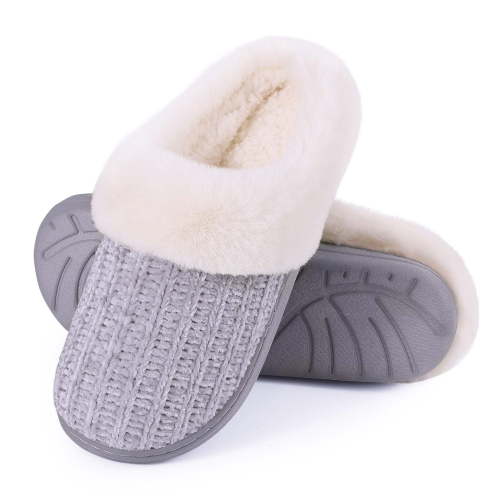 Litfun Fuzzy Slippers for Women Chenille Knit Fleece Slippers Memory Foam House Shoes, Grey, Size 9.5-10.5
