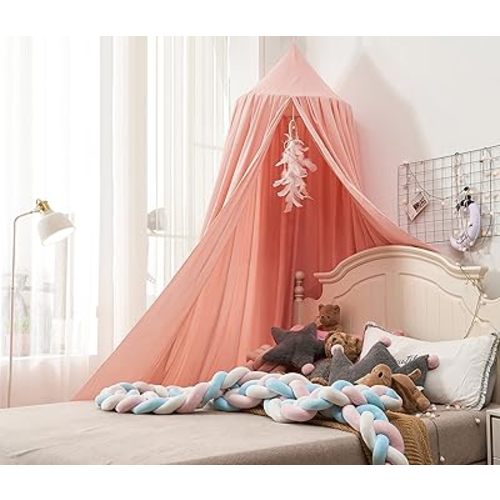 Mengersi Bed Canopy Play Tent for Kids, Round Dome Kids Mosquito Net Indoor Outdoor Castle Hanging House Decoration Reading Nook (Beige Pink)