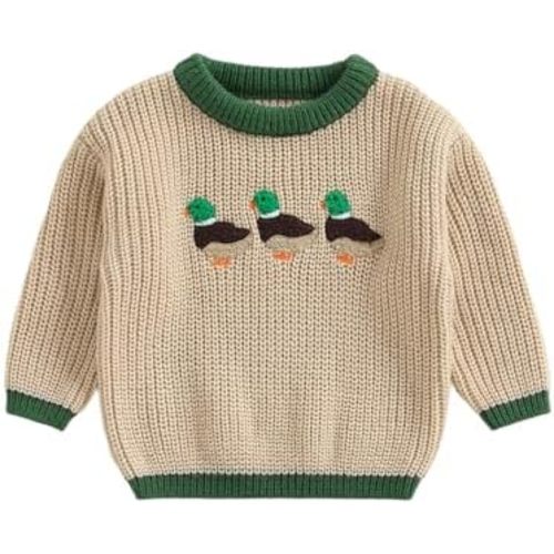 BULINGNA Toddler Baby Boy Girl Hunt Outfit Mallard Duck Knit Sweater Long Sleeve Knitted Sweatshirt Warm Fall Winter Clothes