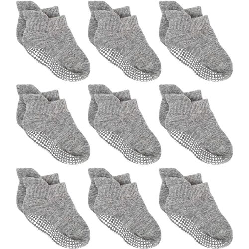 Zaples Baby Non Slip Grip Ankle Socks with Non Skid Soles for Infants Toddlers Kids Boys Girls - Gray - 9 Pairs - 6-12 Months