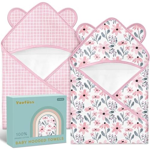 Yoofoss Hooded Baby Towels for Newborn 100% Organic Cotton Baby Bath Towel with Hood for Babies, Infant, Toddler and Kids, 32x32Inch, Soft and Absorbent Newborn Essential