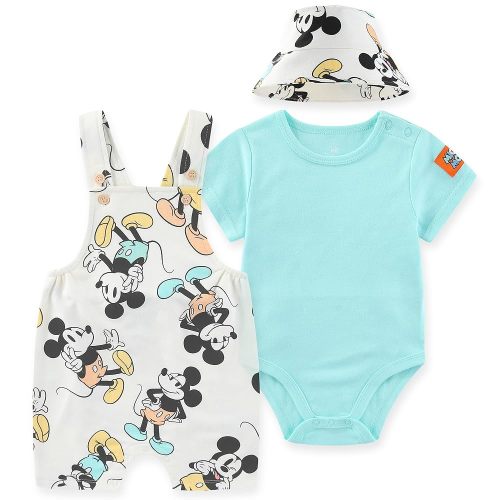 Disney Mickey Mouse Baby Boys French Terry Shortall Overalls T-Shirt and Hat 3-Piece Set for Infants