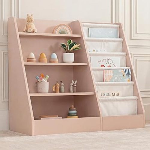 Comfy Cubs Kids Bookshelf 35.2 x 15.7 x 31.5 Inches - Sturdy MDF Montessori Book Shelf with Soft & Hard Shelves for Toys & Books - Child-Friendly, Easy Access Storage Organizer for Kids - Blush