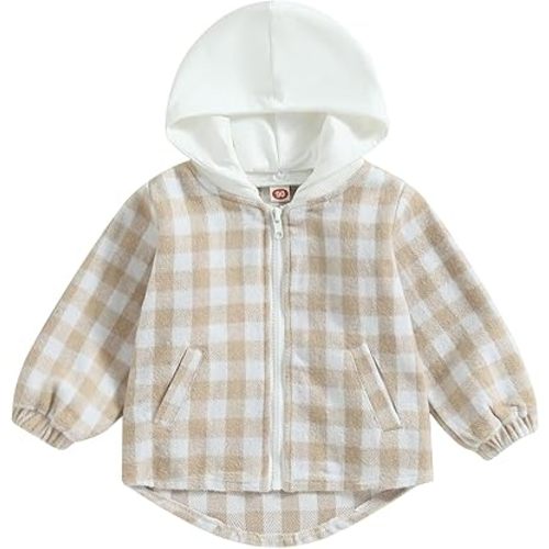 Douhoow Toddler Baby Plaid Jacket Baby Boy GIrl Flannel Hoodies Zip Up Hooded Fall Winter Outerwear Coat