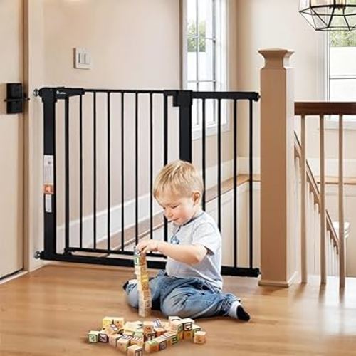 COMOMY 30" Tall Baby Gate for Stairs Doorways, Fits Openings 29.5" to 43.3" Wide, Auto Close Extra Wide Dog Gate for House, Pressure Mounted Easy Walk Through Pet Gate with Door, Black