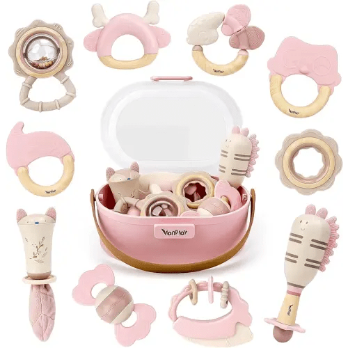Baby Toys 0-6 Months, Baby Rattles, Teething Toys 3-6 Months, Infant Toys 6-12 Months, 10PCS Pink Sensory Rattles & Teethers with Storage Box, Newborn Shower Gift Girl