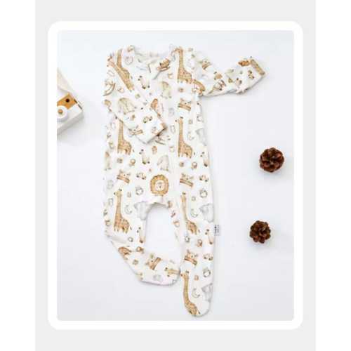 Organic Cotton & Bamboo Baby Onesie | Baby Pajama | Neutral Zoo | 2 way Zipper | Hand cover with footies.