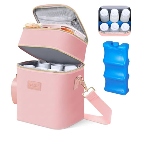 PIIOSER Breastmilk Cooler Bag with Ice Pack Fits 6 Baby Bottles Up to 9 Ounce, Insulated Baby Bottle Tote Bags, Double Layer Waterproof Leak-Proof with Shoulder Strap for Nursing & Working Mom (Pink)
