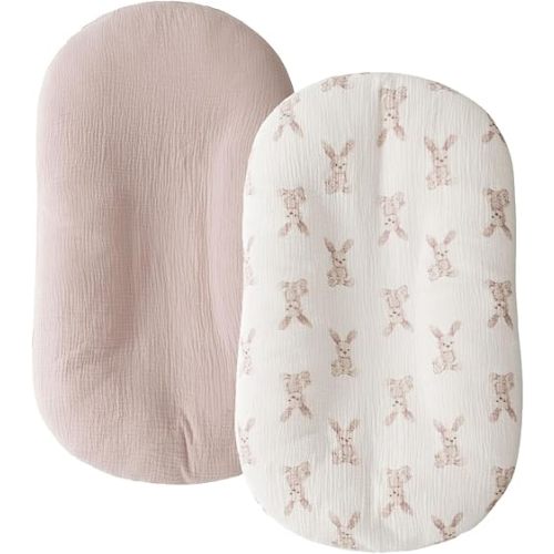 Little Jump Cotton Muslin Baby Lounger Covers, 2 Pack, Soft Removable Slipcovers for Newborn Infant Lounger, for Girls Boys (Bunny)