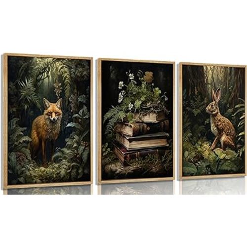 3Pcs Dark Forest Animal Wall Art Vintage Fox Rabbit Books Painting Picture Wall Decor Victorian Gothic Botanical Flower Poster Print Artwork for Living Room Bedroom Home Decoration Unframed