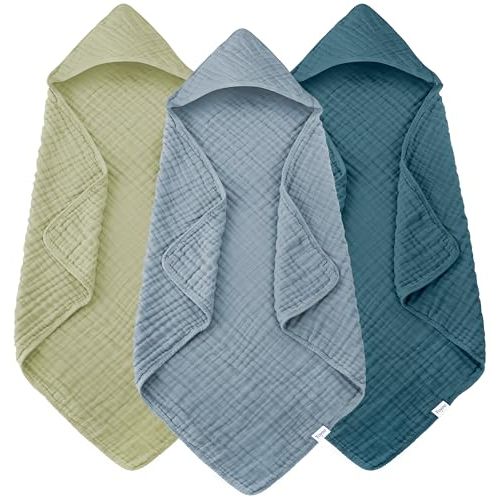 Muslin Hooded Baby Bath Towels - 3 Pack 100% Cotton Ultra-Soft Towels for Newborns, Infants, Toddlers - 32x32 Inch - Highly Absorbent, Quick-Dry Essentials for Bath, Beach, Pool, Green Blue Series