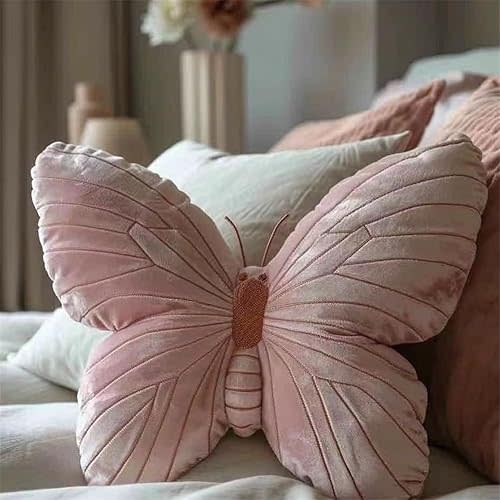 Butterfly Shaped Throw Pillow - Soft Stuffed Seat Cushion Pad, Pink Plush Velvet Decorative Animal Pillow for Couch, Living Room, Bed
