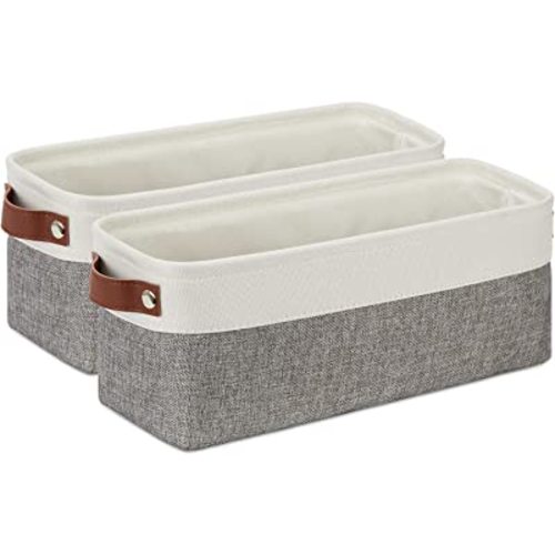 DULLEMELO Small Storage Baskets 15"x6"x5.5", Fabric Storage Bins for Toilet Tank Top [2 Pack], Back of The Toilet Basket (White&Grey)