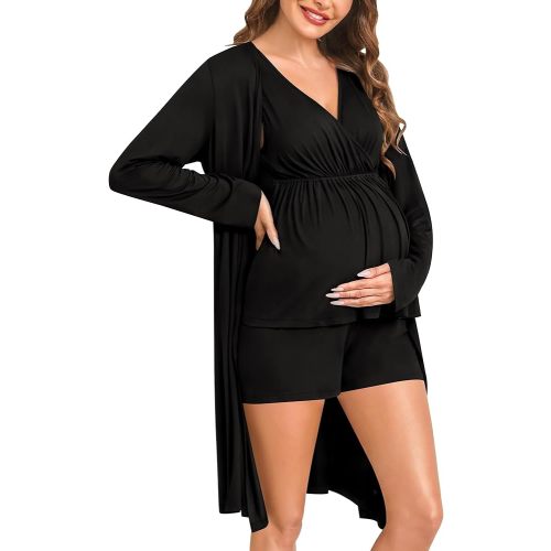 SWOMOG Maternity Nursing Robe Set 3 Piece Breastfeeding Pajamas 3 in 1 Labor Delivery Sleeveless Hospital Pregnancy Pjs
