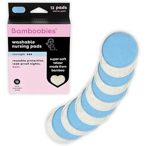 Bamboobies Overnight Nursing Pads, Ultra-Soft Velour, Reusable and Washable for Nightly Use, Leak-Proof Pads for Breastfeeding, 12 Pads