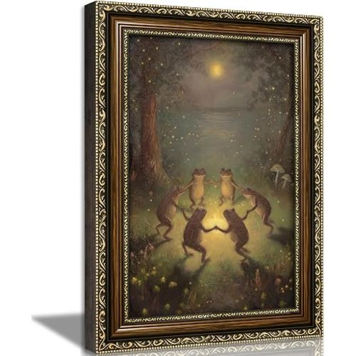 Vintage Gold Framed Frog Wall Art,Frogs Dancing in Moonlight Forest Painting Canvas Prints,Whimsical Animal Wall Decor,Retro Country Toad Poster Artwork for Corridor Living room Bedroom Kitchen