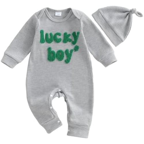 Newborn Baby Boy St Patricks Day Outfit Lucky Boy Embroidery Waffle Knit Romper Jumpsuit Long Sleeve Bodysuit Hat