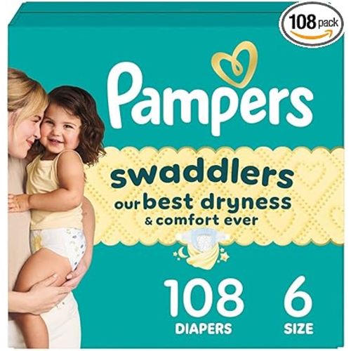Pampers Swaddlers Diapers, Size 6 (23-44 lbs), 108 Count, Absorbent, Keeps Baby Dry and Comfortable, Skin Safe Disposable Baby Diaper (Packaging May Vary)