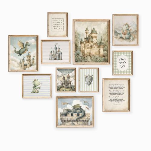 Vintage Watercolor Kingdom Nursery Prints Set: Dragons, Castles, Animals, Storybook Art Boy