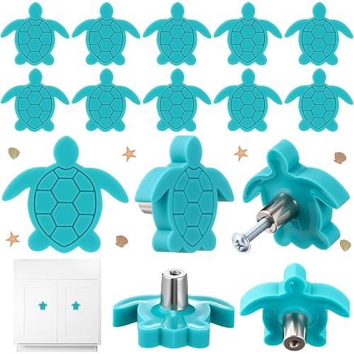 Fumete 12 Pieces Sea ​​Turtle Cabinet Knobs Ocean Decorative Drawer Knobs Table Dressing Cupboard Wardrobe Closet Pulls Handle with Screws for Summer Holiday Kitchen Home Decor,1.1 Inches/28 mm