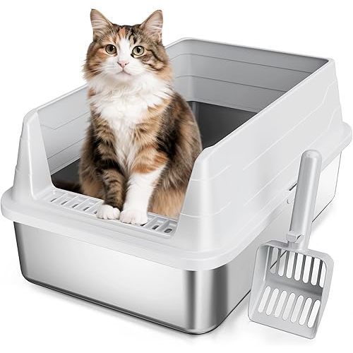Stainless Steel Cat Litter Box, Odor Free Metal Litter Box with High Sides Lid, Open Top Low Entry Litter Pan Include Scoop Easy Cleaning Anti-Scratch Kitty Cat Box Anti-Urine Leakage, Non-Sticky, M