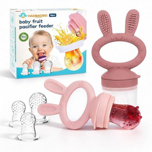 Baby Fruit Feeder Pacifier 2 Pack, Silicone Baby Food Feeder, Pink Bunny Feeder for Babies 4M+, Frozen Fruit Feeder Teething Toy, BPA Free for Fresh Fruit, Veggies & Breastmilk