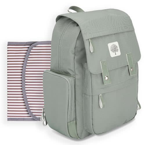 Parker Baby Co. 8-Year Original Birch Diaper Backpack - Sage | Parker Baby Co. roomy hands-free bag with insulated bottle pockets, stroller straps, and baby travel storage
