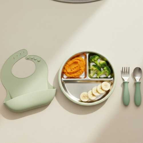 Stainless Steel Kids Plate & Utensils Set Sage Green, Suction Plate for Toddler, Baby Led Weaning, Baby Shower Gift, Boy Girl Birthday Ideas