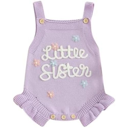 Amnnchya Newborn Baby Girl Sweater Romper Little Sister Matching Outfit Floral Ruffle Sleeveless Knit One Piece Jumpsuit