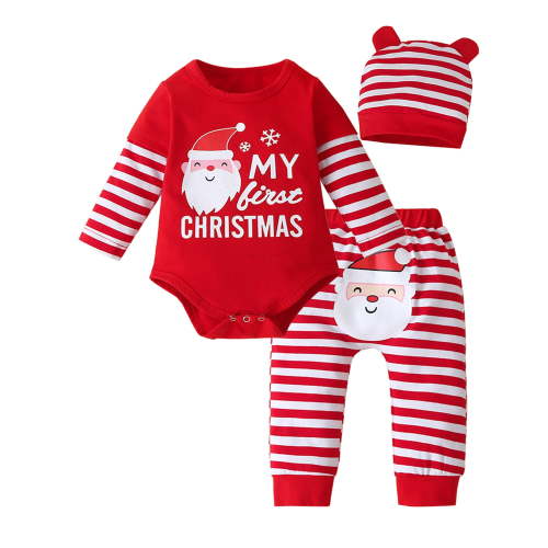 WIBACKER My 1st Christmas Outfits Christmas Baby Boy Outfit Baby Boy Clothes Infant Romper Red Striped Pants Hat 3Pcs 0-18 Months