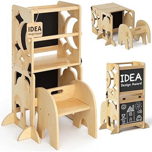 COSYLAND 4-in-1 Toddler Kitchen Stool Helper with Safety Rail - Foldable Toddler Standing Tower with Double Blackboard, Kids Learning Desk and Chair Set, Natural