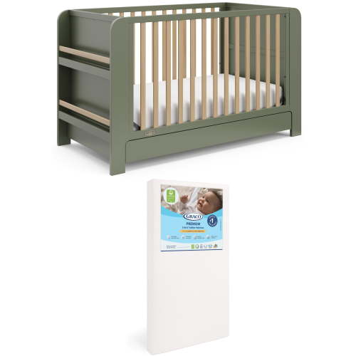 Graco Read-with-Me 4-in-1 Convertible Crib and Premium Crib & Toddler Mattress Bundle, Olive with Driftwood