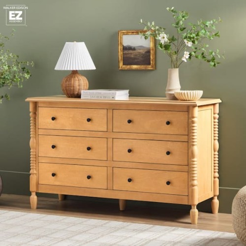 Modern Farmhouse Easy Assembly Natural 6-Drawer 54 in. Solid Wood Spindle-Detailing Dresser