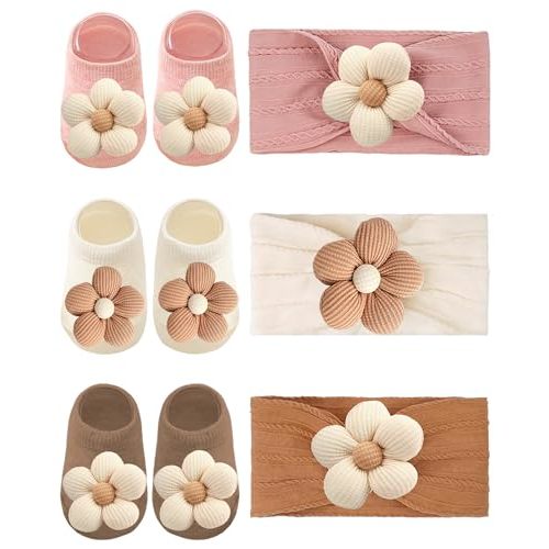 Baby Girl Ankle Socks Set with Headbands, Soft Non-Slip Socks for Newborn 0–6 Months, Flower & Bunny Cute Designs