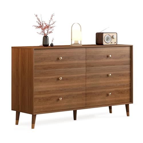 Messenya Dresser for Bedroom, Mid Century Modern 6-Drawer Solid Wood Chest, 47 Inch Walnut Finish, Heavy-Duty Drawer Glides, Storage Cabinet for Living Room, TV Stand (Brown, 47.2)