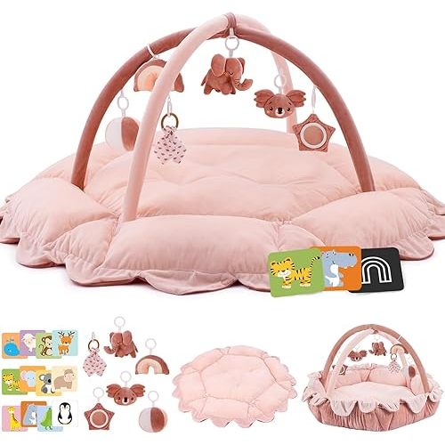 5-in-1 Baby Activity Gym & Play Mat with 6 Hanging Toys, Tummy Time Mat & Cards - Extra Large, Reversible Machine Washable Pad - Gift for Newborns, Infants 0-12 Months, Pink