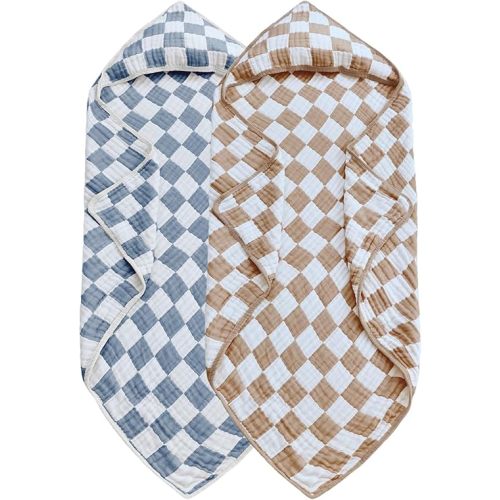 Ultra Soft Checkered Muslin Hooded Baby Towels for Newborn Boys and Girls 2 Pack 32x32 inch Cotton Muslin Baby Bath Towels for Newborns Toddlers,Newborn Essential (Blue and Coffee)
