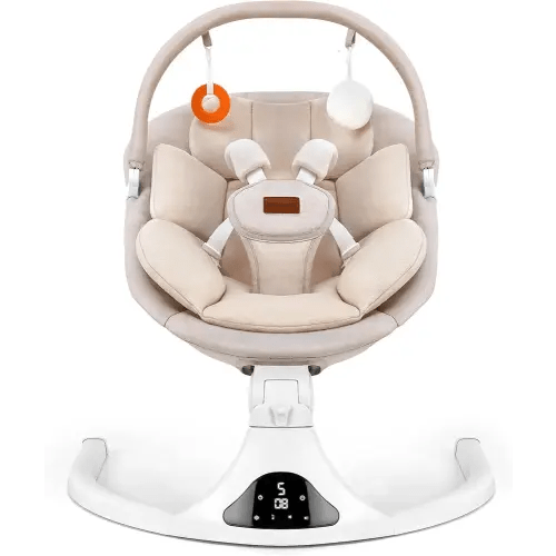 Baby Swing, Electric Infant Swing with Remote Control, 5 Speed Adjustable, Machine Washable Cushion, 5 Point Safety Harness, Bluetooth Music, Portable Baby Swing (Beige)