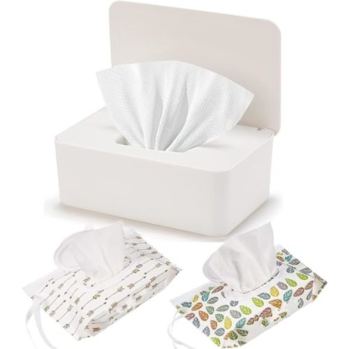 Wipe Dispenser White,Reusable Flushable Wipe Holder Set with 2Pcs Refillable Portable Wipe Bag for Baby Adult Bathroom,Wipe Container with Lids Keeps Wipes Fresh,Baby Shower New Mom Gifts