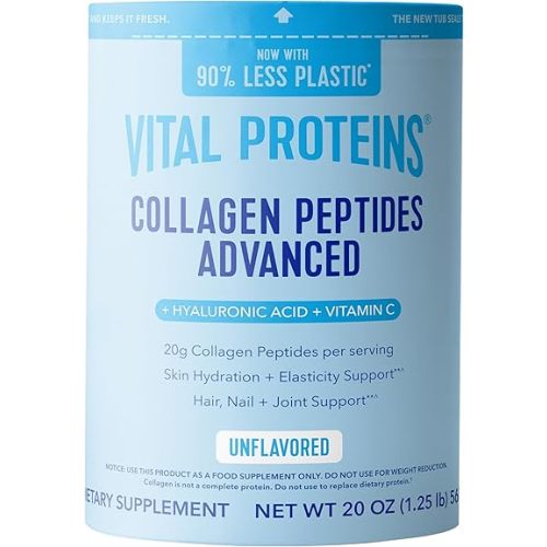 Vital Proteins Collagen Peptides Powder Advanced with Hyaluronic Acid & Vitamin C, 20oz Collagen Protein, Unflavored, 27 Servings