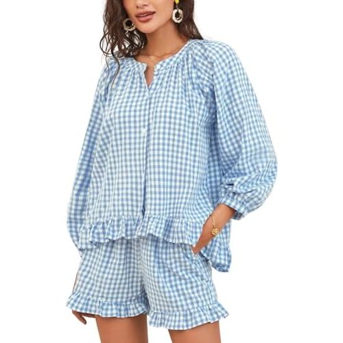 Flygo Women Gingham 2 Piece Pajama Sets Y2K Plaid Ruffle Short Sets Raglan Sleeve Shirt Lounge Shorts Sleepwear with Pockets