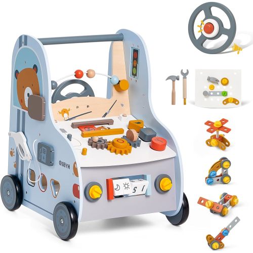 Wooden Baby Push Walker with Activity Center – Car Traffic Theme Tool Bench Shape Sorter, Steering Wheel, Gears, Beads, Montessori Toy for Toddlers 1-3, Walking Learning Baby Push Toy Speed Adjustable