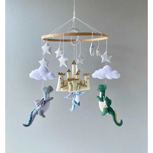 Dragon Nursery Mobile, Felt Castle, Moon and Stars