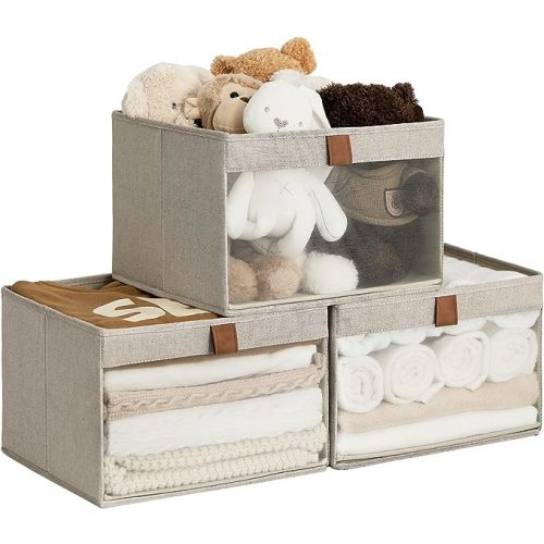 StorageWorks Closet Storage Bins, Large Storage Baskets with Clear Window and Handles, Foldable Fabric Organizer for Clothes, Shelves, Beige, 3 Pack