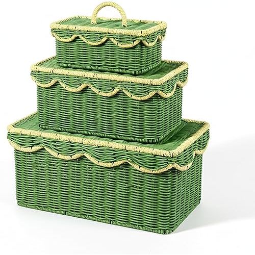 Scalloped Hyacinth Wicker Basket for Toy Storage | 3 Pack Woven Storage Baskets | Decorative Storage Baskets for Shelves | Rattan Baskets for Bedroom By NovaHeavensNest (Green & Golden)