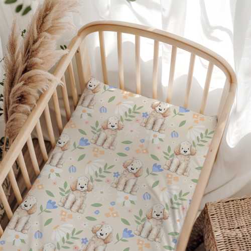 Poodle Dog Crib Bedding. Pastel Floral Fitted Cot Sheets. Cottagecore Puppy Nursery Decor Neutral Spring Themed Baby Shower Gift For Newborn