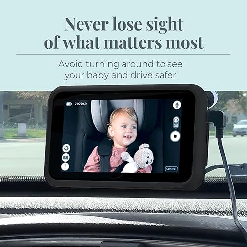 Tiny Traveler Baby Monitor Portable Baby Car Camera with Add-On Camera & Travel Kit, Night Vision HD 720p 5" Touchscreen, Battery Powered, Split-Screen, Travel Pouch Included - Black